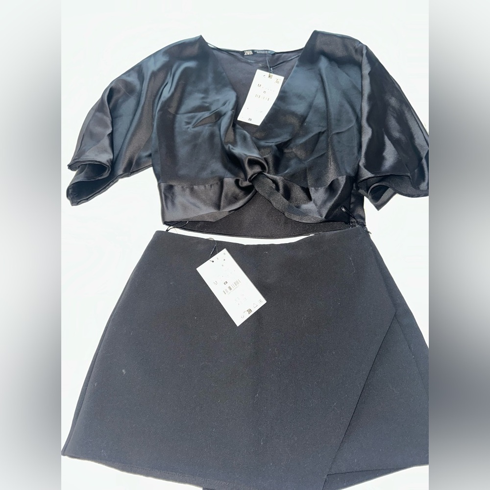 Zara Set satin blouse and short skirt.